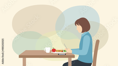 Woman Eating Lunch at a Table, Contemplating, Thinking, And Working on Devices