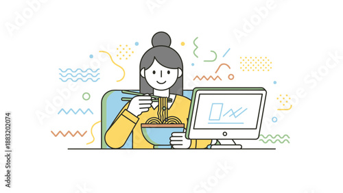 Woman Eating Noodles While Working on a Computer: A Modern Lifestyle Illustration