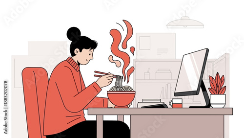 Woman Eating Noodles At Desk While Working In Minimalist Modern Illustrated Workplace