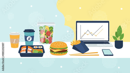 Workday Lunch with Data Analysis: Digital Workspace with Food and Technology Elements
