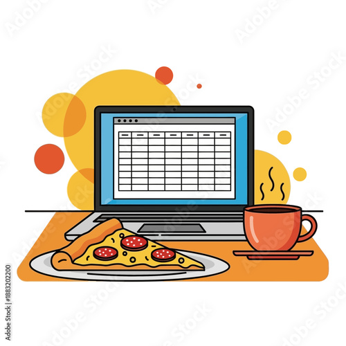 Working Remotely With A Laptop, Pizza, And Coffee, Representing Modern Freelance Lifestyle