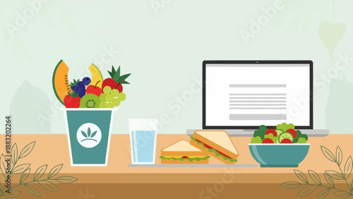 Workplace Lunchtime Arrangement Depicting Healthy Food and Digital Collaboration