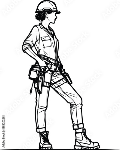 Female construction worker in hard hat and tool belt confident stance industrial illustration for building and labor concepts isolated on white