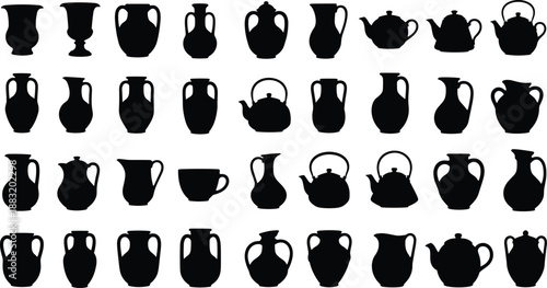 Black silhouette collection of various pottery items including vases amphorae teapots and pitchers isolated on white background for kitchen and home decor