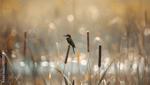 A Little-Bee Eater resting among reeds on a cattail, illustrating natural insect predator behavior
