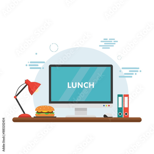 Workstation Lunch Break Concept: Modern Office Desk Displaying Meal and Time Marker