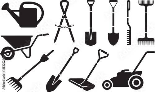 Collection of black silhouette garden tools and equipment on a white background watering can wheelbarrow