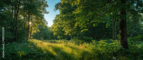 Wallpaper Mural Serene woodland scene with rich foliage and sunlight dappling the forest floor Torontodigital.ca