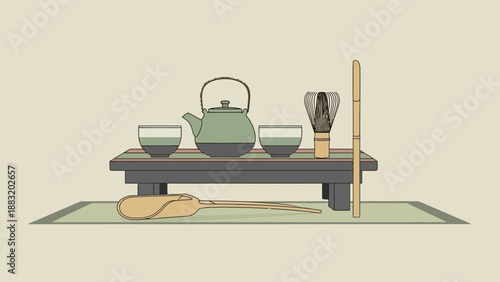 Zen-Inspired Tea Ceremony Illustration Featuring Traditional Japanese Tea Utensils