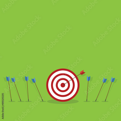 Business challenge failure and success concept. Blue arrows missed hitting target and only red one hits the center.	