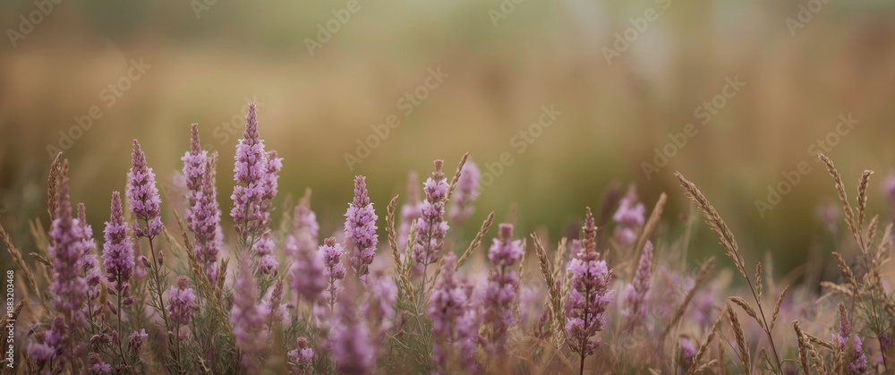 Obraz premium Purple flowers in focus in a field of Calluna vulgaris (heather, ling, or heath), a species in the genus Calluna of the Ericaceae family, with a floral nature backdrop