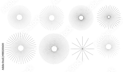 Radial circle line sunburst and star rays flat vector design set isolated on transparent background
