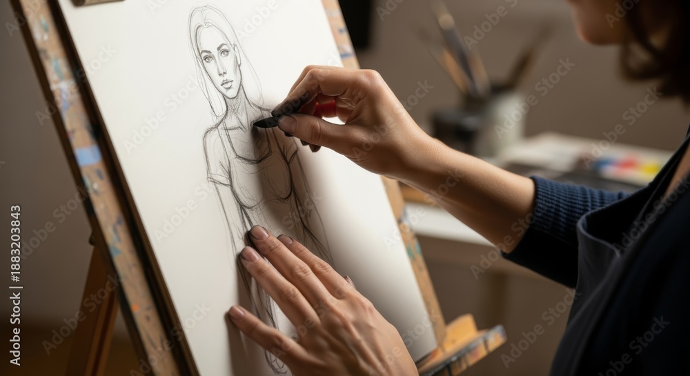 Obraz premium Artist in action creative woman drawing a sketch in a cozy studio captivating artistic process intimate viewpoint