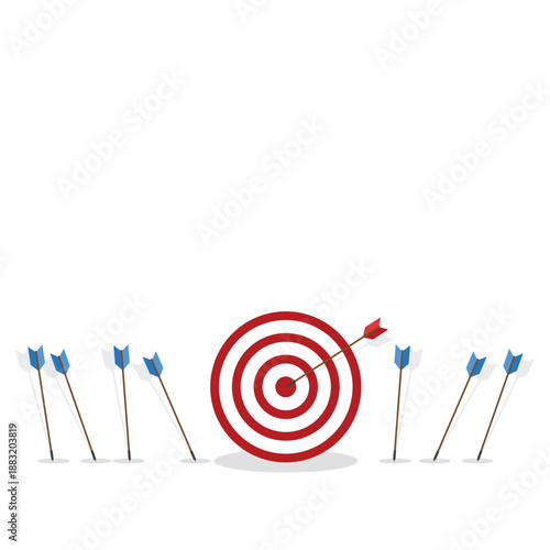 Business challenge failure and success concept. Blue arrows missed hitting target and only red one hits the center.	