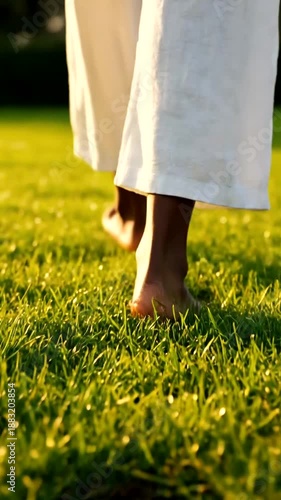 Barefoot stroll on lush green grass at sunset, close-up of feet walking.