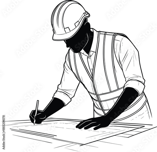 Construction worker in hard hat and safety vest drawing on blueprints architect planning project isolated on white background