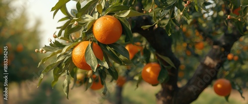 Healthy organic oranges and tangerines ripening on a tree in the orchard