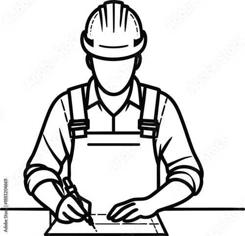 Construction worker in hard hat and overalls drawing plans architect or engineer concept for building design isolated on white background