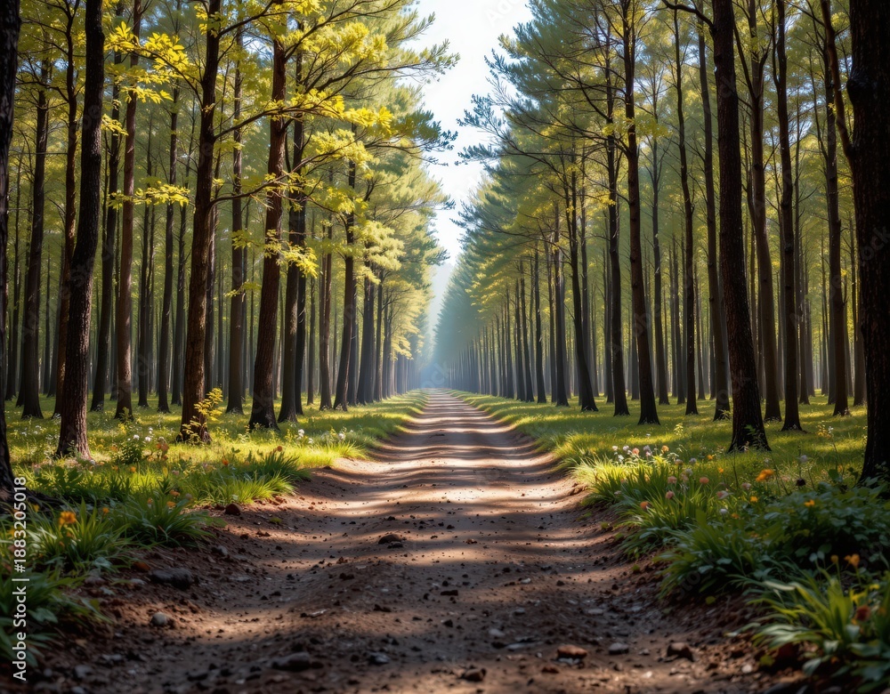 Fototapeta premium Serene Forest Path: A Pathway to Mindfulness and Wellness through a Calm and Beautiful Landscape.