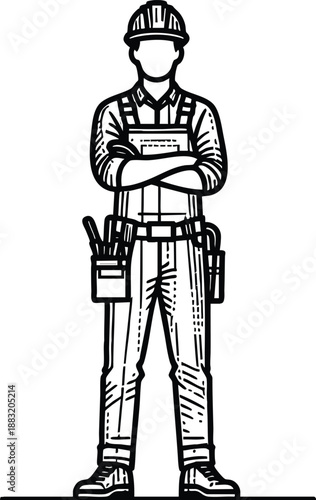 Construction worker with crossed arms and tool belt standing confidently in a sketch illustration style representing industry and labor