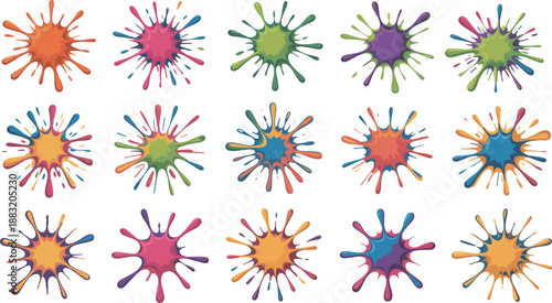 Colorful paint splatter set, bright ink splash stains collection, abstract splash shapes vector illustration, isolated on white background.