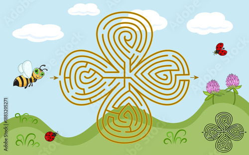 Maze game with a bee and flowers. Help the bee to find the way to the flowers through this maze. Solution is included. 