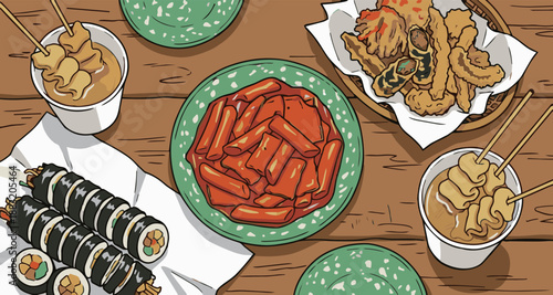 Korean street food top view vector illustration. Bunsik set with spicy rice cake Tteokbokki, Gimbap rolls, fried Tempura, and fish cake skewers on wooden table.