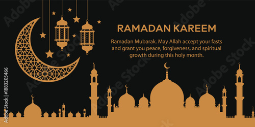 Ramadan Kareem Islamic Celebration with Mosque Silhouette and Crescent Moon