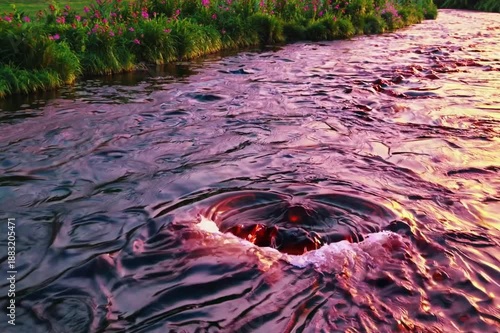 flowing river of pink and red that transforms into a heart-shaped whirlpool