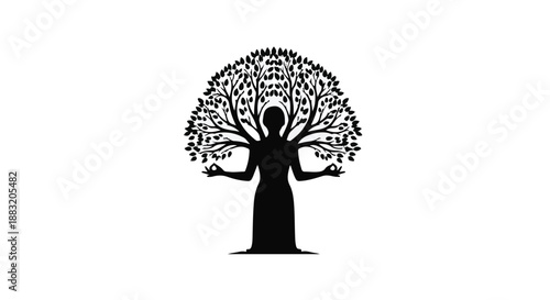 Silhouette of a person merging with a tree, symbolizing growth and harmony.
