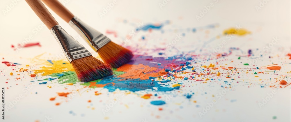 Obraz premium Pair of paintbrushes working on a rainbow splattered art project with chaotic strokes on a white background