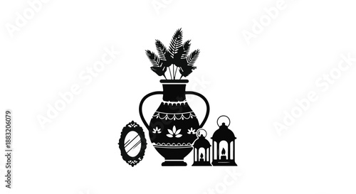 Decorative ceramic vase with floral arrangement and lanterns, evoking rustic charm