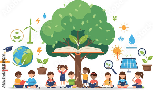 Diverse children reading books under a large tree with environmental and educational icons, symbolizing learning about nature and sustainability.