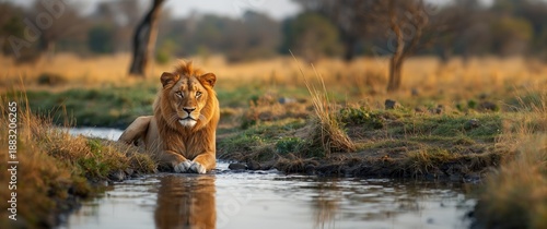 In Africa's vast park, the stunning natural landscape highlights a majestic orange lion with mesmerizing yellow eyes, a true predator of the wild.