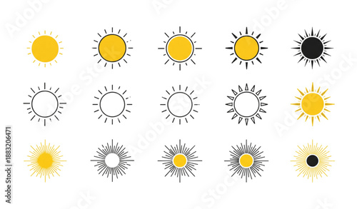 Modern sun icon pack yellow and black flat vector set isolated on transparent background