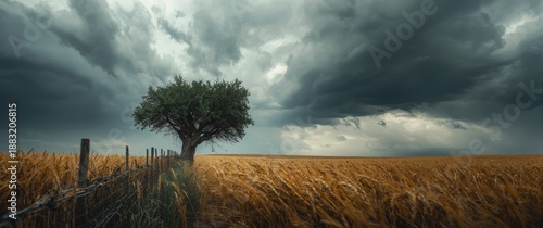Stormy day with a tree windbreak adjacent to a wheat field