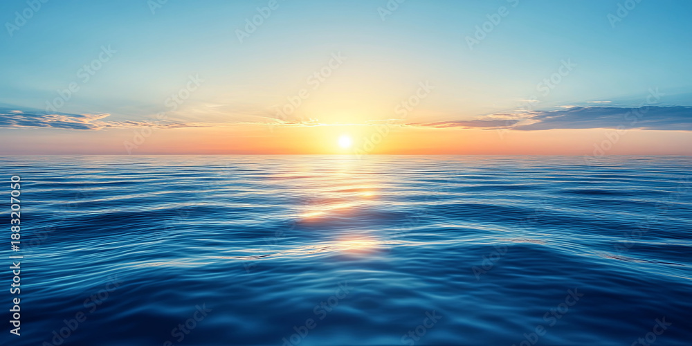 Fototapeta premium Sunset over calm ocean waters with golden reflection on the horizon 