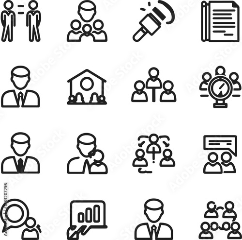 A professional set of black vector business icons and silhouettes featuring people, office management signs, and financial symbols for team communication and work