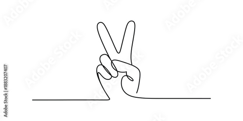 Minimalist single line drawing showing a hand making the peace and victory gesture