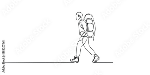 A single continuous line drawing of a person walking with a large backpack