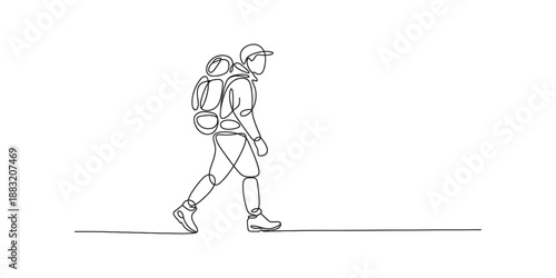 Single continuous line art drawing of a hiker with a backpack walking across a white background