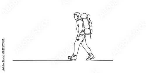 One single line art drawing of a young hiker walking with a big backpack