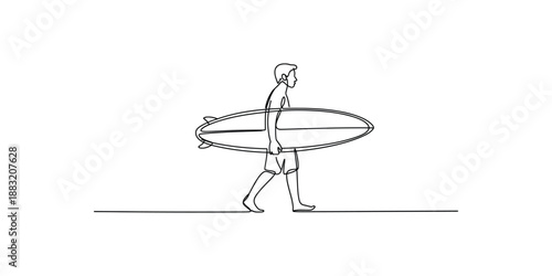 A continuous single line drawing of a person walking and carrying a surfboard