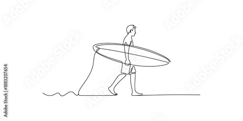 Single line drawing illustrating a surfer carrying a board and walking along the coast.