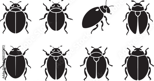 Collection of eight black beetle silhouettes in various poses and orientations on a white background