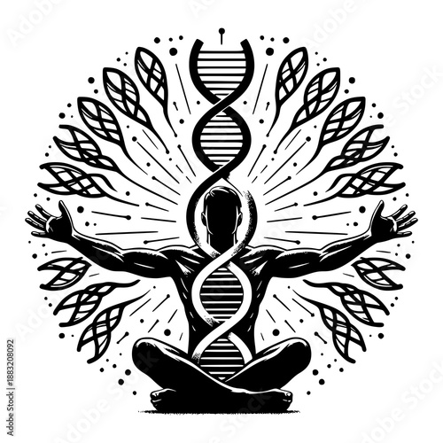 Enlightened Genetic Harmony: A stylized representation of a person, meditating, interconnected with the DNA double helix and surrounding botanical elements.