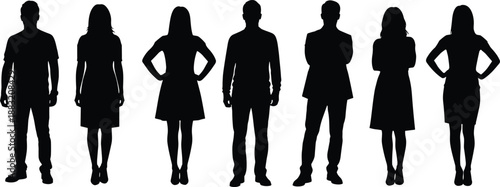 Black silhouettes of diverse men and women standing in a row isolated on white background for community concepts