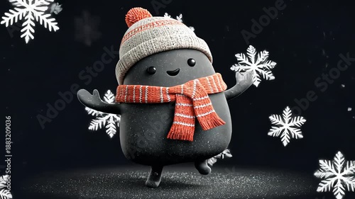 Cute Character Snowflake Winter Scene: Cheerful Cartoon Style Animated Figure in Festive Attire with Warm Hat and Cozy Accessories