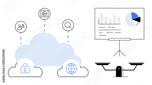Technology innovation, cloud storage, data management, security, analytics, balance. cloud symbols for data connection, locks for security and charts for analytics. Technology and data concepts