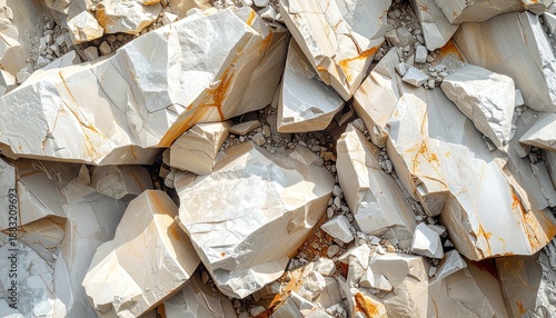 Large white marble rocks scattered on the ground, viewed from above, with some orange stone visible, outdoors, top view